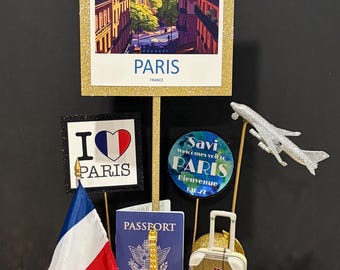 Set of 3 : "Around the World"  Travel Centerpiece Decoration ~ Paris, Rome, London, New York ~ Airplane, Suitcase, Passport, Globe, Flag