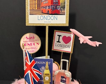 SAVI World Travel Centerpieces ~ Germany, France, Italy, London, New York, Zurich ~ Plane, Suitcase, Globe, Flag, Passport, Pink/Gold Boa