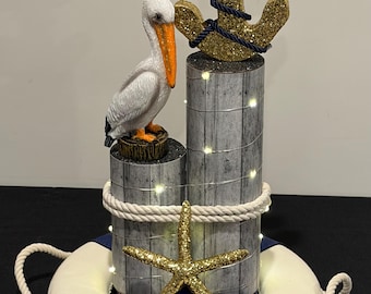 NEW Junior NAUTICAL Coastal Centerpiece Party Decoration ~ Anchor, Seagull or Pelican, LifeBuoy, Pylons, Finger Glittered Starfish, Lights