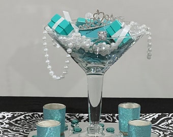 NEW Breakfast at Tiffany's Martini Glass Centerpiece includes Gift Boxes, Diamond Ring, Rhinestone Tiara, Pearls & More ~ With Custom Logo!