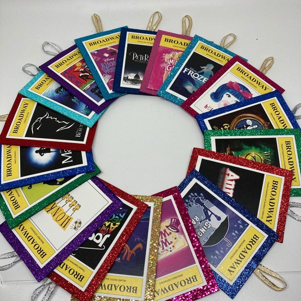 SET of 10 BROADWAY Musical Theater Playbill Holiday Ornaments ~ Party Favors ~ Glitter Backing ~ Will Customize for You!