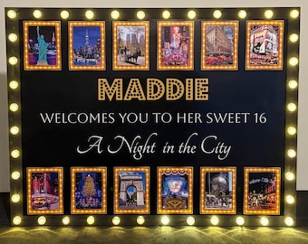 NEW  NYC Personalized New York Landmark Poster Light Up Marquee Welcome /Seating Sign ~ Bat Bar Mitzvah - Sweet 16