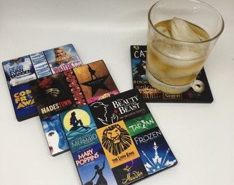 CLEARANCE - BROADWAY Collage Coasters: Set of 4, 6 or 8 ~ New Home, Hostess Gift ~ Caddy Coaster Holder
