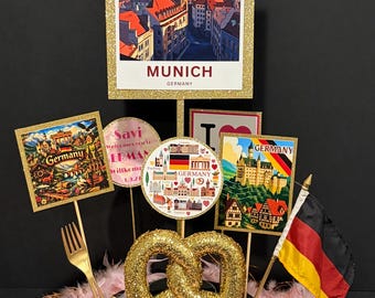 SAVI Germany Centerpieces ~ Giant Pretzel, Flag, Sausage, Pickle, Mini Signs, Pink/Gold Boa