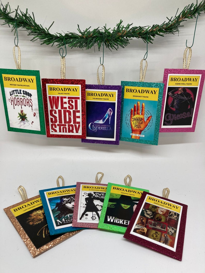 SET of 10 BROADWAY Musical Theater Playbill Holiday Ornaments Party Favors Glitter Backing Will Customize for You image 3