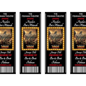 May include: Four black tickets with gold trim and the text "Jumanji Table Premiere VIP" for Amelia's Bat Mitzvah. The tickets feature the movie poster and the date November 12, 2022.
