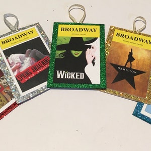 SET of 10 BROADWAY Musical Theater Playbill Holiday Ornaments Party Favors Glitter Backing Will Customize for You image 2
