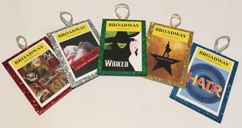 SET of 10 BROADWAY Musical Theater Playbill Holiday Ornaments Party Favors Glitter Backing Will Customize for You image 2