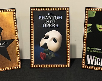 SET of 10  BROADWAY Tabletop SIGNS ~ Musical Theatre Centerpiece Show Signs - Optional Glitter ~ Easel Back or Acrylic Base