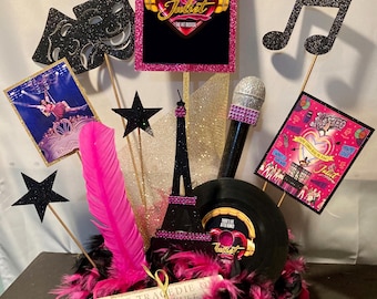 BROADWAY Musical Theatre Centerpiece Party Decoration ~ Show Art, Feather Boa, Glitter, Record ~ 40+ Broadway Shows ~ Will Customize for You