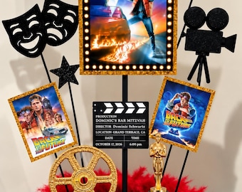 NEW ~ HOLLYWOOD Movie Centerpiece Decoration ~ Film Reel, Clapboard, Award Statue, Camera, Stars, Limo, Feather Boa