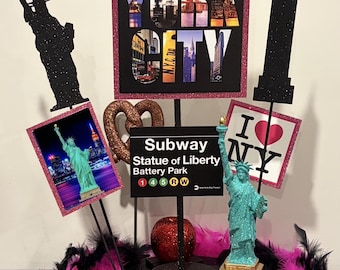 NEW NYC New York Centerpiece Decoration ~ Statue of Liberty, Empire State, Times Square, Central Park~ Taxi, Glitter Apple, Feather Boa