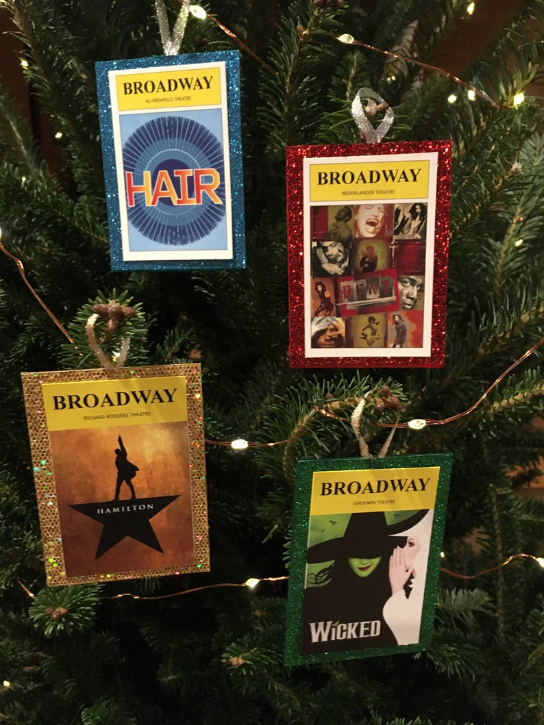 SET of 10 BROADWAY Musical Theater Playbill Holiday Ornaments Party Favors Glitter Backing Will Customize for You image 5