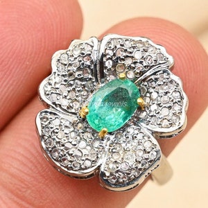 Emerald Pave Diamond Ring 925 Sterling Silver, Vintage Style Green Gemstone Ring, Oval Cut Emerald Ring for Women, Engagement Gift for her