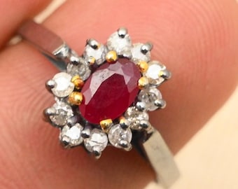 Vintage Art Deco Sterling Silver Ruby Diamond Halo Ring