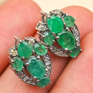 handcrafted elegant emerald pave diamond stud earrings, 925 sterling silver jewelry, unique green gemstone earring, anniversary gift for her