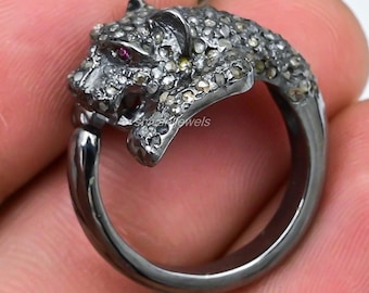 Art Deco Ruby Eyes Tiger Ring, Pave Diamond 925 Sterling Silver, Adjustable