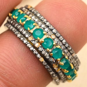 Emerald Diamond Sterling Silver Ring, Gold-Plated Art Deco Band