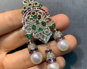 Diamond Brooch Jewelry Natural Pave Diamond Emerald & Garnet Brooch Pin, 925 Sterling Silver Brooch Pearl Jewelry, Anniversary Gift For Her