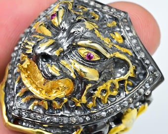 Sterling Silver Tiger Ring, Ruby Eyes, Pave Diamond, Art Deco