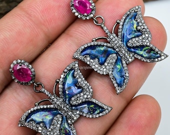Ruby Butterfly Earrings, Pave Diamond, Sterling Silver Art Deco Jewelry