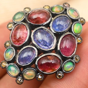 Turmalin, Tansanit und Opal Ring, 925 Sterling Silber Statement Ring, Multi-Edelstein Cocktail Ring, Vintage-Schmuck, Geschenk für Sie