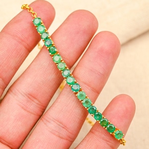 Emerald Tennis Bracelet, 925 Sterling Silver Gold Plated, Natural Green Gemstone Bracelet, Elegant Gift for Her, Dainty Tennis Bracelet
