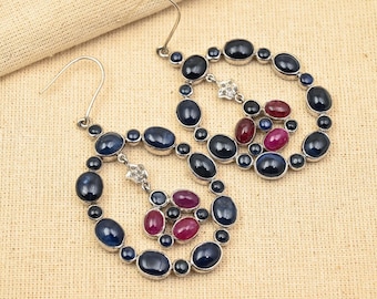 Sterling Silver Art Deco Dangle Earrings, Ruby, Tourmaline