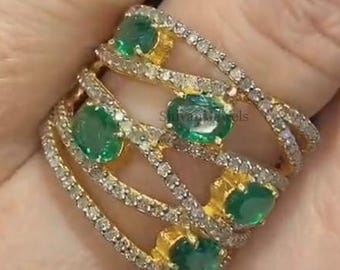 Emerald Ring, 925 Sterling Silver, Pave Diamond Gemstone Jewelry