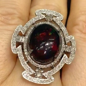 Natural Ethiopian Fire Opal Ring, 925 Silver Cocktail Ring, Pave Diamond Statement Jewelry, Wedding Anniversary Gift, Handmade Jewelry