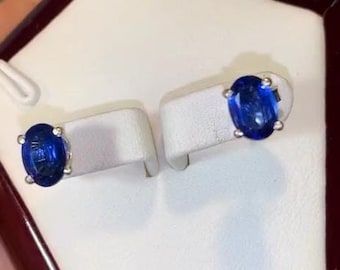 Natural Kyanite Gemstone Earring, 7*5 mm Oval Facet Cut Earring, 925 Sterling Silver Stud Earring, Promise Earring, Handmade Gift Jewelry