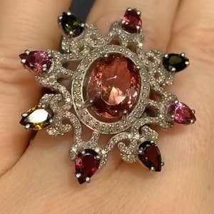 Natural Multi Tourmaline  Gemstone Star Ring, Pave Diamond Cocktail Ring, 925 Sterling Silver, Statement Ring For Wedding Anniversary Gift