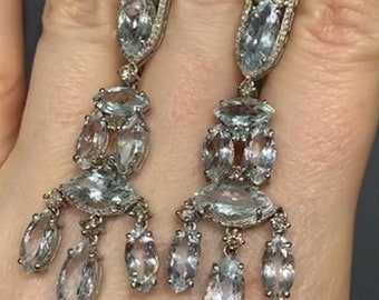 Handmade Art Deco Aquamarine Diamond Dangle Earrings, 925 Sterling Silver