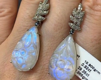 Pave Diamond Rainbow Moonstone Carving Sterling Silver Dangle Earrings