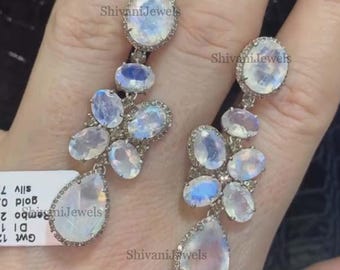 Rainbow Moonstone Dangle Earrings, Pave Diamond, Sterling Silver Art Deco