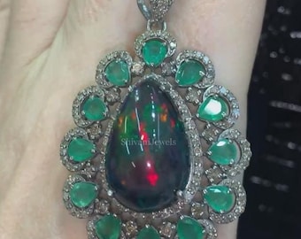 Natural Black Fire Opal & Emerald Pendant, 925 Sterling Silver Pendant, Pave Diamond Wedding Wear Jewelry, Anniversary Gift for Women&#39;s