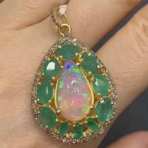 Natural Ethiopian Opal & Emerald Gemstone Pendant, 925 Sterling Silver Pendant, Pave Diamond Pendant, Handmade Wedding Anniversary Gift