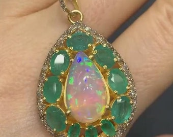 Natural Ethiopian Opal & Emerald Gemstone Pendant, 925 Sterling Silver Pendant, Pave Diamond Pendant, Handmade Wedding Anniversary Gift