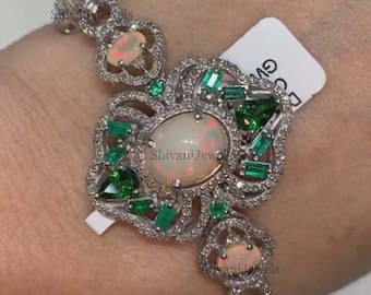 Fire Opal Emerald Bracelet, Pave Diamond, Sterling Silver Art Deco