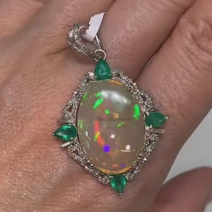 Natural Fire Opal & Emerald Gemstone Pendant, 925 Sterling Silver Pendant, Pave Diamond Pendant, Handmade Women Jewelry, Anniversary Gift