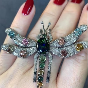 マルチトルマリンブローチピンペンダント、パヴェダイヤモンドブローチペンダント、925スターリングシルバーブローチ、トンボブローチペンダント、ファイアオパールブローチピン