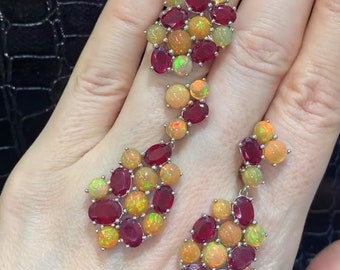 Fire Opal Ring Earring Set with Natural Ruby Dangle in 925 Sterling Silver Jewelry