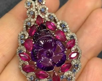 Natural Carved Amethyst Brooch Pendant, 925 Silver Sapphire & Ruby Brooch Pendant, Handmade Wedding Gift Jewelry, Pave Diamond Brooch Pin