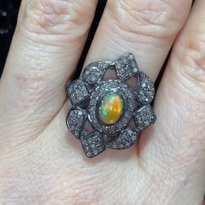 Pave Diamond Ring, Fire Opal Diamond Ring, Vintage Silver Ring, Opal Gemstone Ring, 925 Sterling Silver Opal Jewelry, Diamond Opal Ring