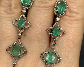 Natural Emerald Dangle Drop Earring, 925 Sterling Silver, Handmade Gemstone Jewelry, Pave Diamond Wedding Anniversary Gifts Earrings