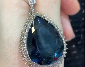Natural London Blue Topaz Pendant, Topaz Gemstone Women Jewelry, Pave Diamond Pendant, 925 Silver Pendant, Perfect Anniversary Gift For Wife
