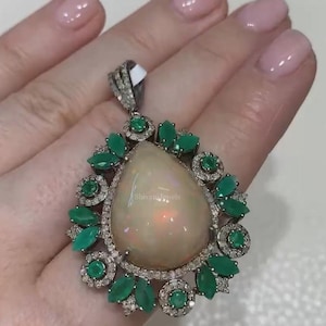 Natural Fire Opal & Emerald Gemstone Pendant, 925 Sterling Silver Pendant, Pave Diamond Pendant, Handmade Women Jewelry, Anniversary Gift