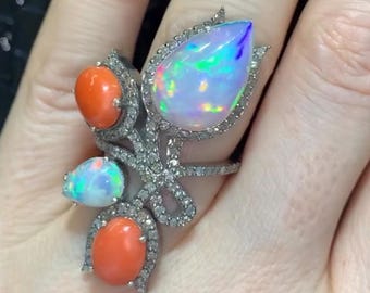 Ethiopian Opal Coral Ring, Pave Diamond, Sterling Silver Art Deco Ring