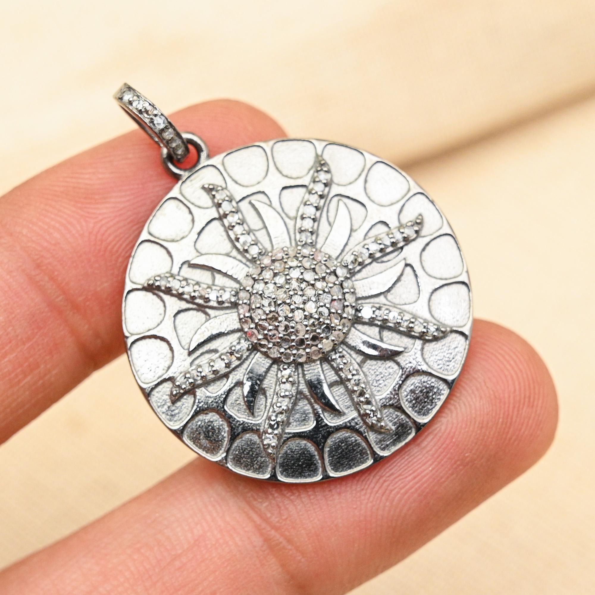 925 Silver Sunburst Pendant & Diamond Accents, Handmade Pave Statement Necklace, Unique Sun Symbol Jewelry, Elegant Silver Pendant for Her