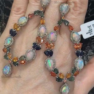 Natural Fire Opal And Multi Sapphire Gemstone Earring, Pave Diamond Earrings, 925 Sterling Silver Earring, Wedding Anniversary Gift For Her